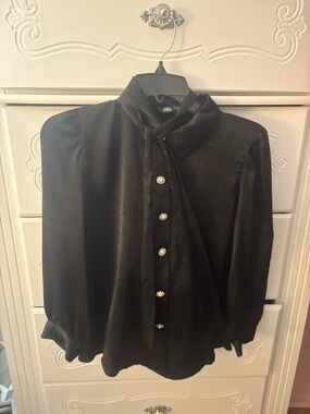 Zara Black Satin Blouse with Neck Tie